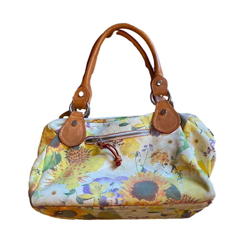 Cavalcanti Italian Floral Sunflower Leather Canvas Shoulder Bag